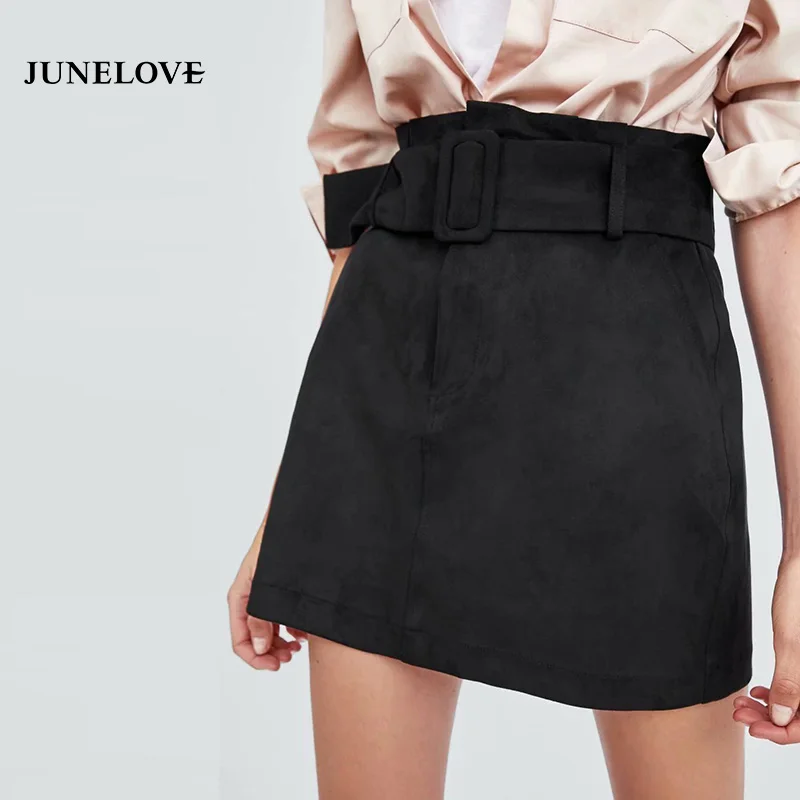 JuneLove 2019 Faux Suede Leather Black Mini Skirt Elastic Waist With