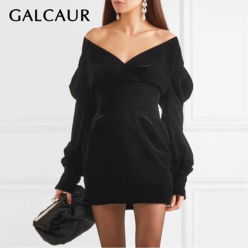 Skup GALCAUR Sexy Party Dress dla kobiet V Neck bufiaste rękawy wysokiej talii duże rozmiary Mini sukienki kobiet 2019 moda lato odzież
