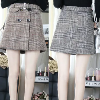 

2019 Autumn Winter Women Woolen Plaid Skirt Femme Slim Irregular High Waist A-line Plus Size Basic Skirts With Belt