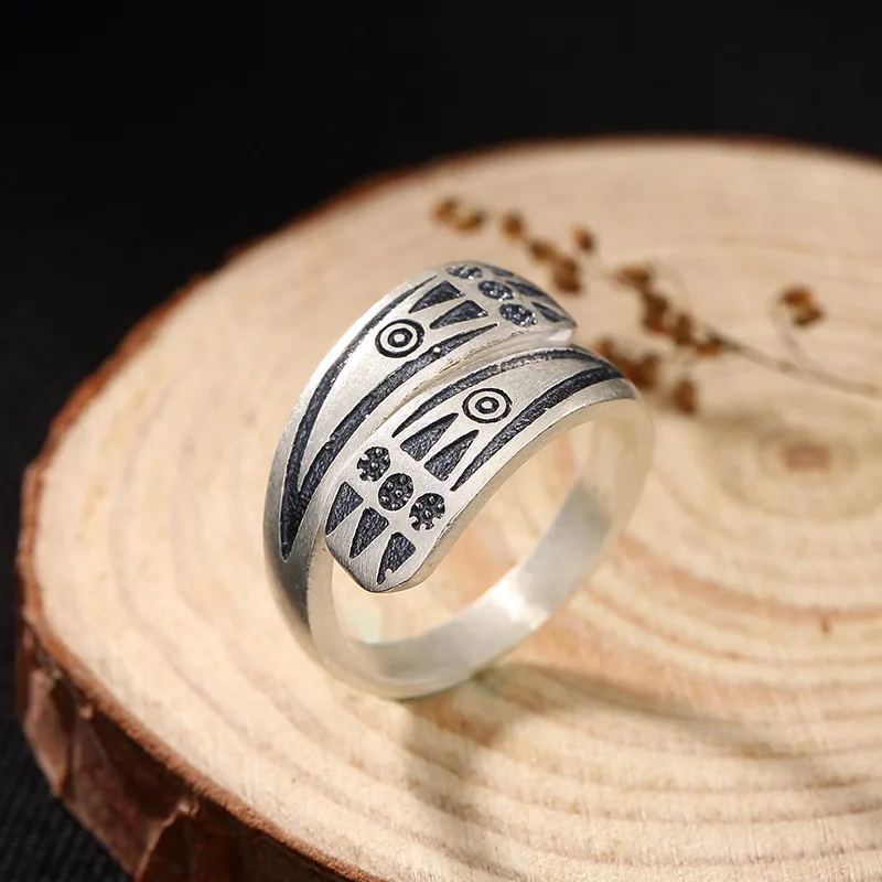 

100% Genuine 925 Sterling Silver Women Rings High Quality Silver Engraving Totem Open Rings Retro Style Elegant Jewelry Ring