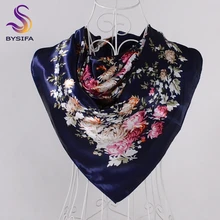 [BYSIFA] зимний темно-синий шелковый шарф с ромашками, шаль, женские шарфы, модный элегантный цветочный дизайн, квадратные шарфы, обертывания Bufandas