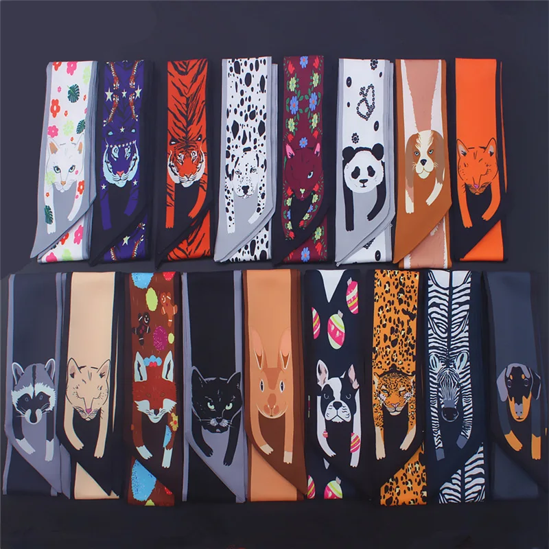 

Fashion animal leopard print silk scarf women handle band ribbons lady head scarfs small long skinny scarves female neckerchief
