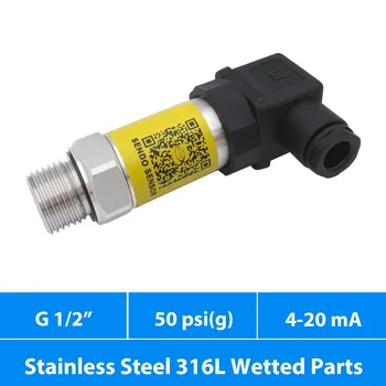 

50 psi gauge pressure transmitter, air water and oil industrial sensor, 4 20 mA, g1 2 inch, stainless steel 316L diaphragm