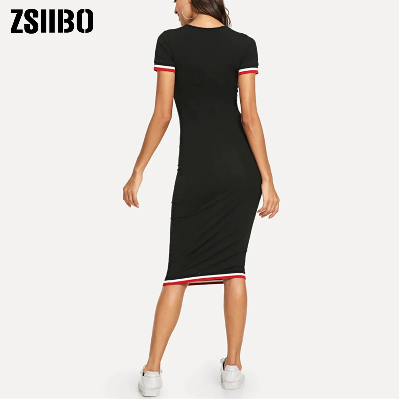 Новинка, весенне-Летнее Длинное платье в обтяжку, Полосатое платье с отделкой, уличная одежда с круглым вырезом, женская повседневная одежда ZSIIBO