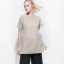 Changpleat летняя футболка для женщин Miyak плиссированный короткий рукав высокий завернутый воротник однотонные свободные женские длинные футболки Мода Tide T97