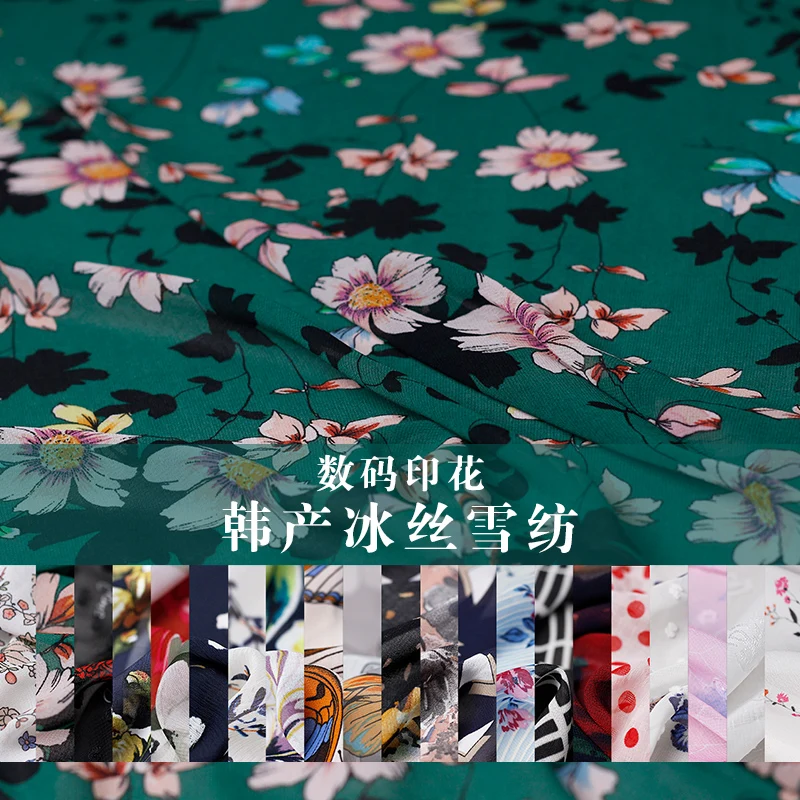

Korea White Waxberry Ice-Chiffon Digital Printed 100%Polyester Materials Thin Soft Summer Dress DIY clothes fabrics Freeshipping