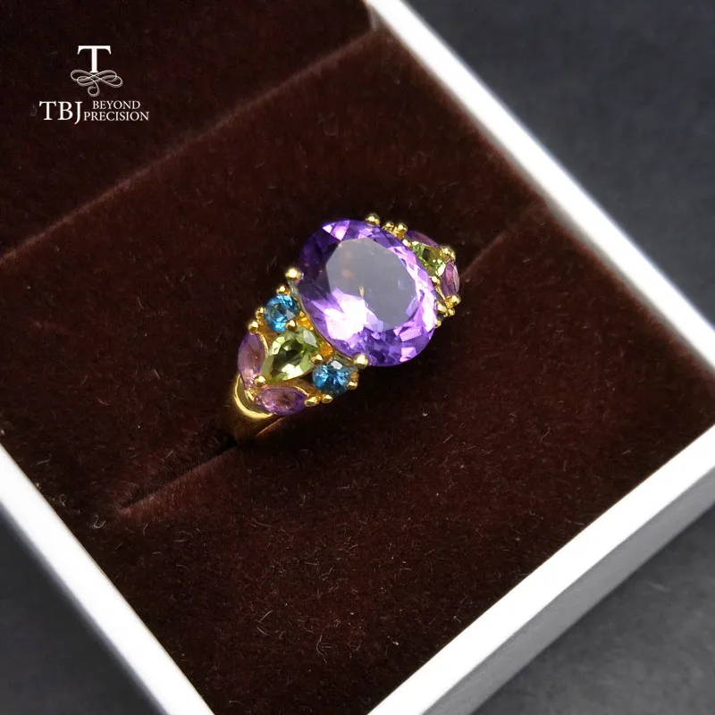 TBJ,Natural Colorful Gemstone Rings with Amethyst peridot topaz in 925 sterling silver yellow gold color,best gift for women