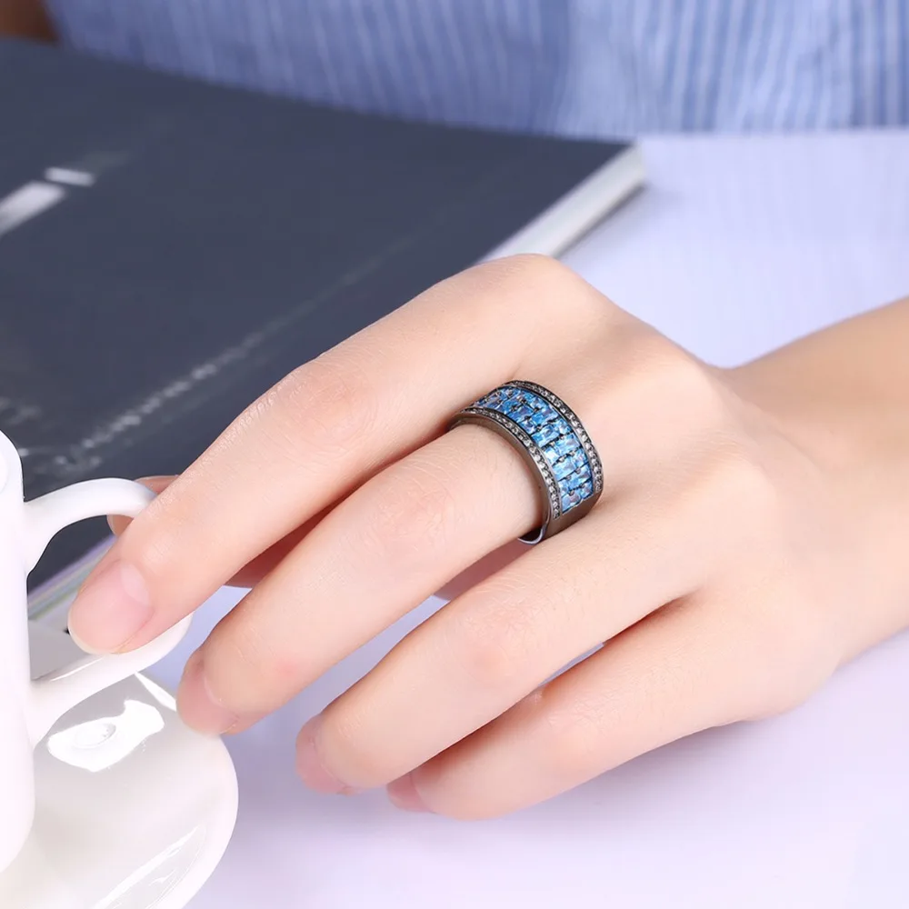 Luxurious Square Blue Cubic Zirconia Party Ring Accessorise Black Gun Color Rings For Womens Fashion Jewelry (JewelOra RI103314)
