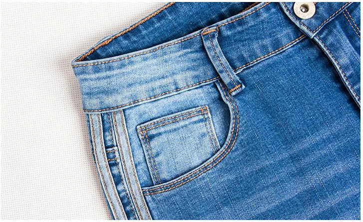 Новинка 2173, женские джинсы с высокой талией и полосками по бокам, женские джинсы в полоску, синие Лоскутные штаны, обтягивающие джинсы