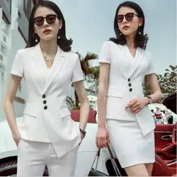 Для женщин черный, белый цвет брючный костюм формальные нерегулярные блейзер с короткими рукавами + широкие брюки 2019 Лето Для женщин s