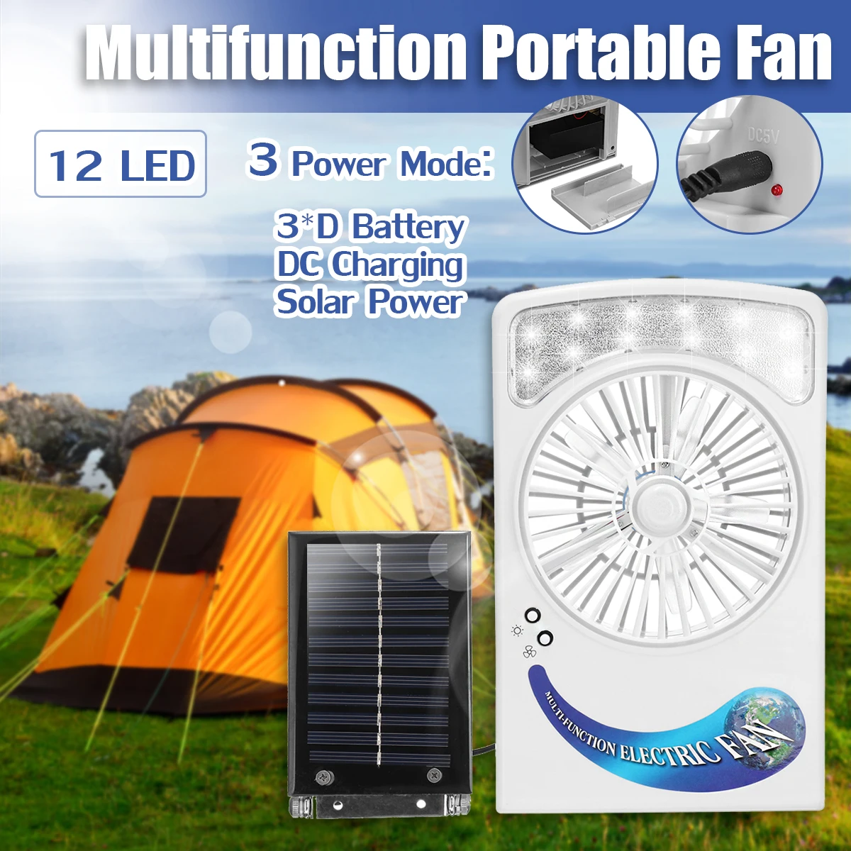 

Solar Power/AC Rechargeable Lighting Fan 2 in 1 System 6V 1.2W Solar Panel 12 LED Light Strong Wind Fan For Outdoor Camping