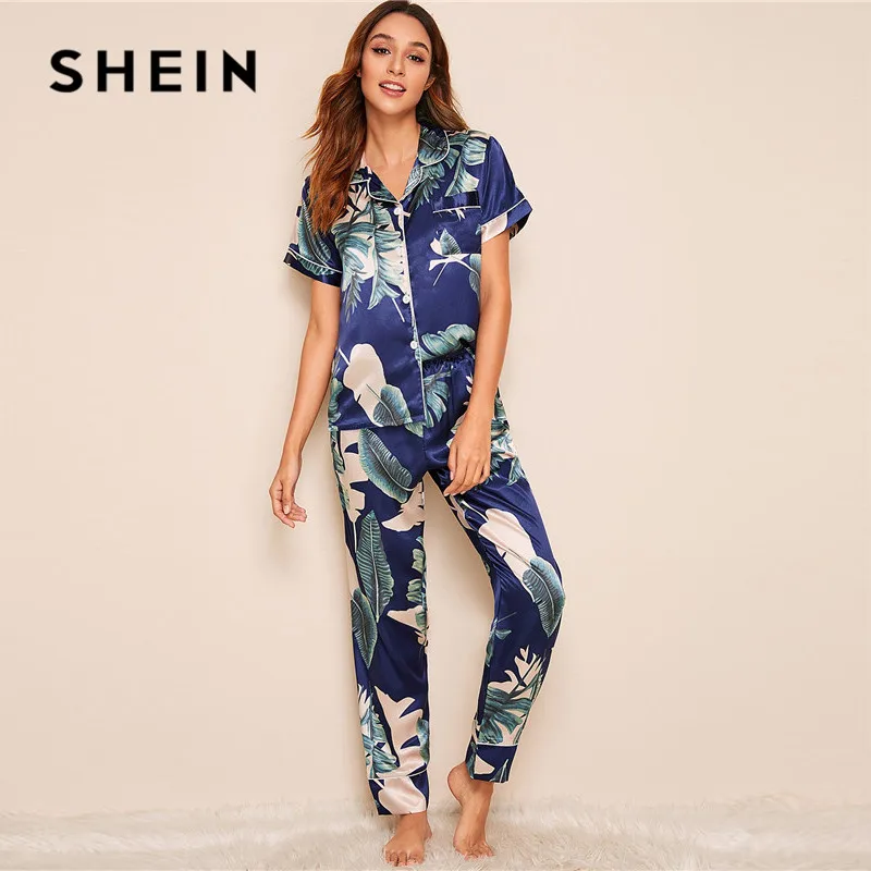 Goede SHEIN Tropische Print Satijn Pyjama voor Vrouwen Casual Korte Mouw Pocket Nachtkleding Zomer Lange Broek Lingerie Dames Pyjama set