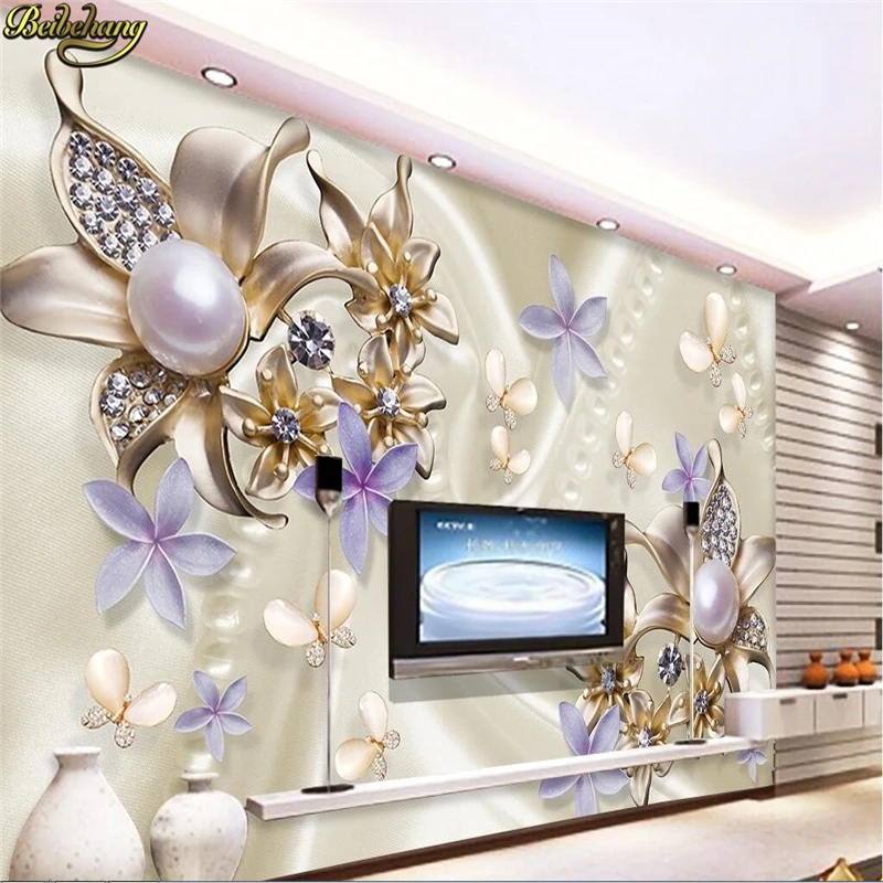 

beibehang Custom Photo Wallpaper Large Mural Wall Sticker Pearl Diamond Flower Butterfly Romantic TV Background Wall