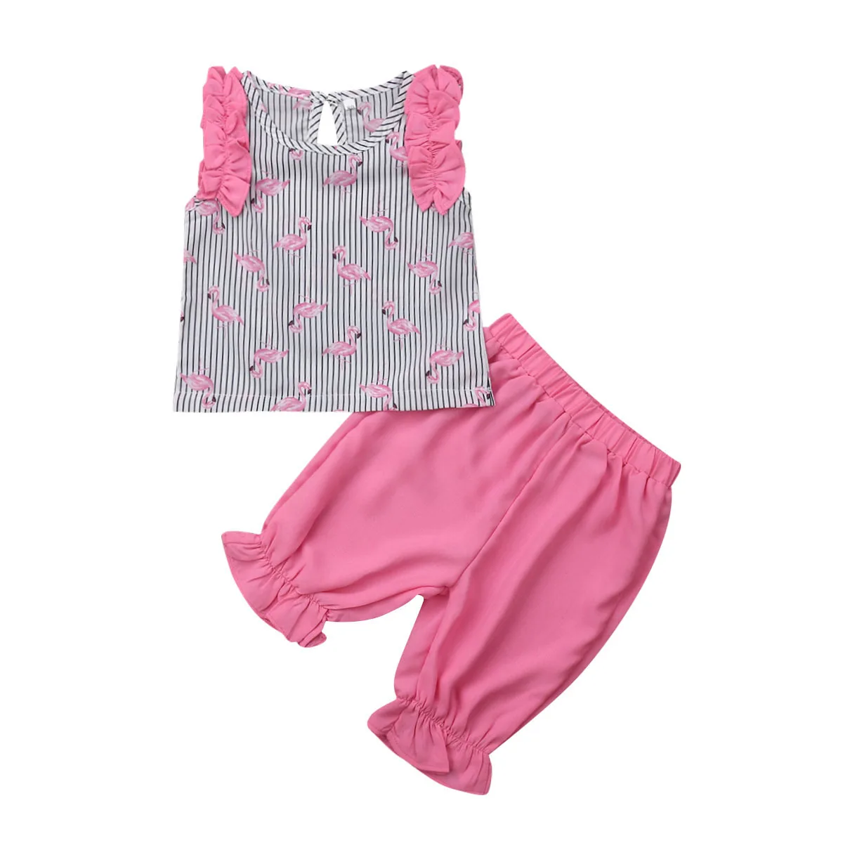 

2Pcs Cute Toddler Baby Girl Flamingos Striped Tops Sleeveless T shirt Solid Pants Clothes Set Outfits 2019