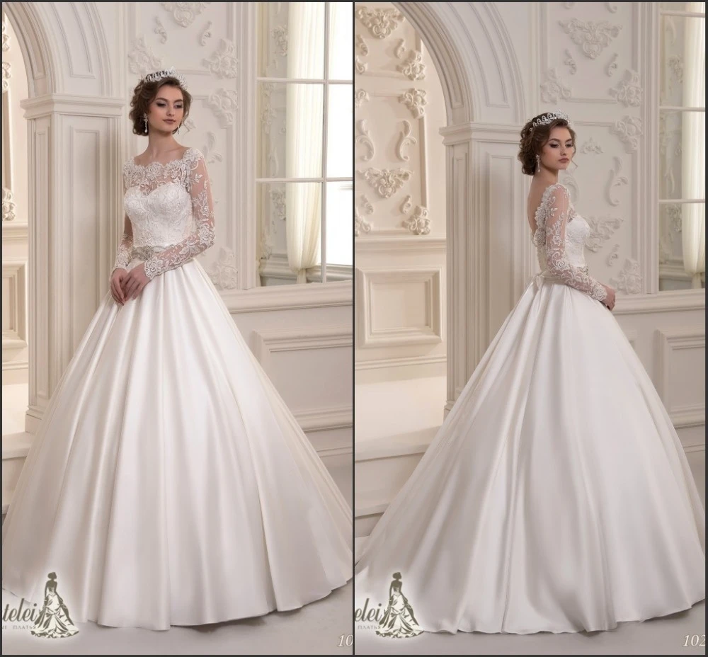 Long sleeve lace wedding dress with satin skirt Clearance