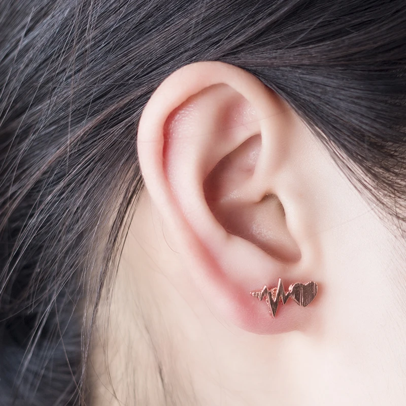 Women Fashion Nurse Stud Earrings Cute Heart Electrocardiogram Gold