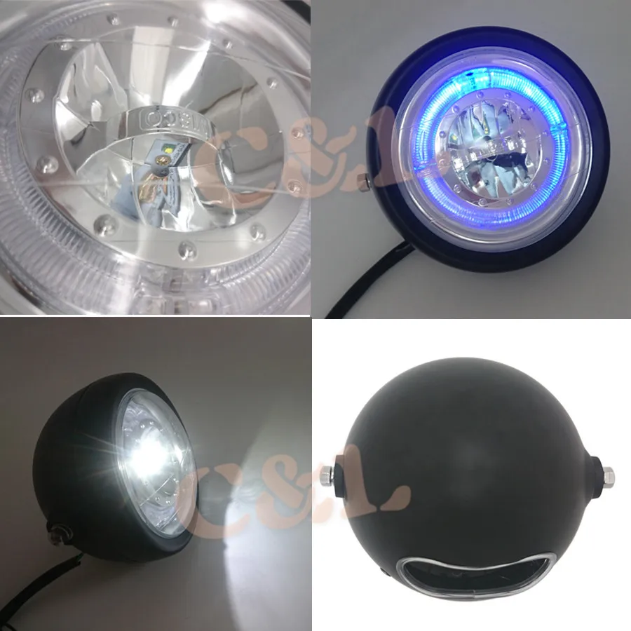 1xBlack металлическая фара с синим светодиодный Angel Eye для CG GN125 CB200 Chopper Bobber Cafe