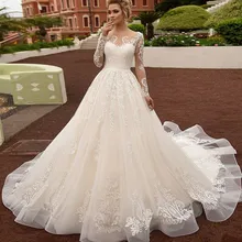 Новая роскошная свадебная одежда Иллюзия с длинным рукавом Часовня Поезд Кружева кружевной тюлевый материал с накладным орнаментом платья невесты Vestido de noiva