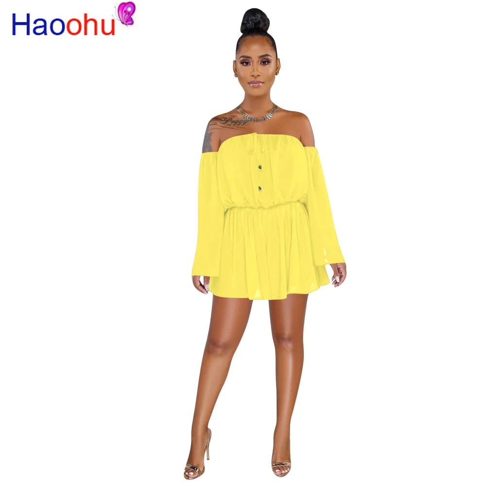 

HAOOHU Summer Playsuit Women Off Shoulder Long Sleeve Backless Sexy High Waist Plus Size Rompers Womens Jumpsuit Shorts