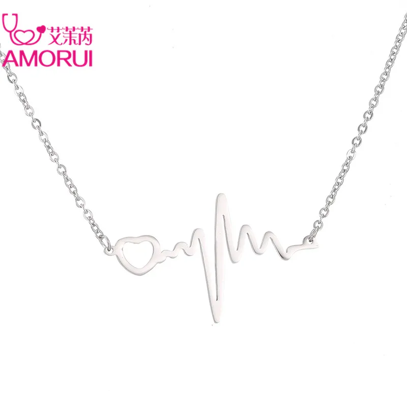 AMORUI Heartbeat Pendant Necklace Collares Mujer Jewelry Stainless Steel Heart Necklaces Pendants for Women Jewelry Gift Bijoux