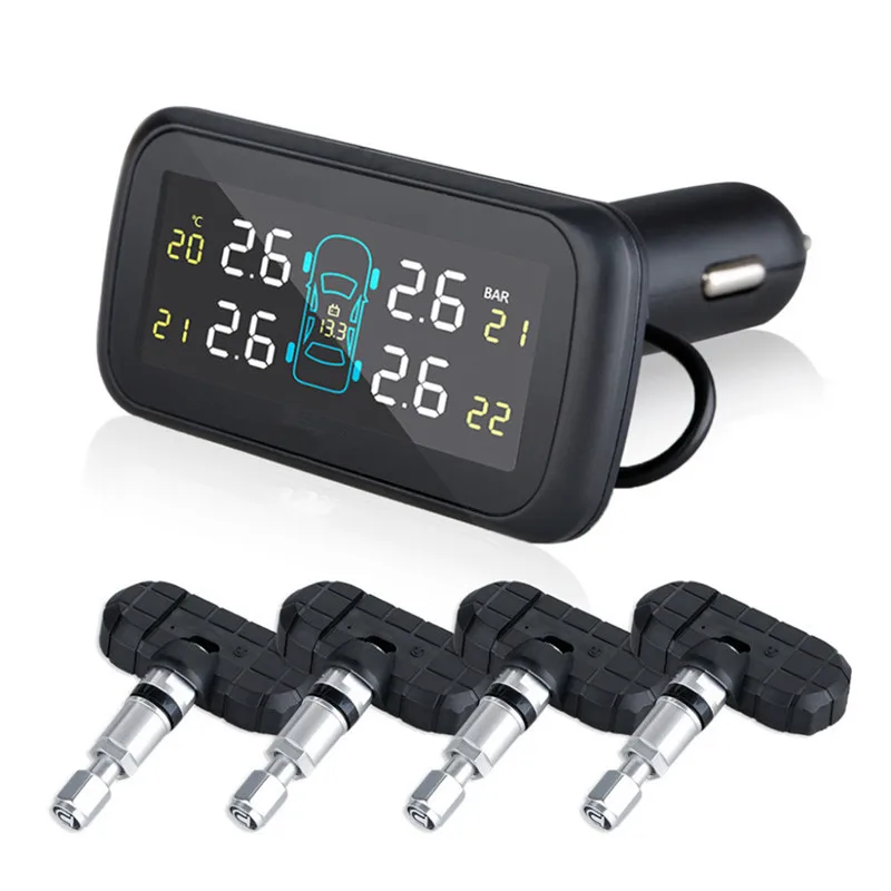 

Car Wireless TPMS Tire Pressure Monitoring System with 4 External Replaceable Battery Sensors LCD Display