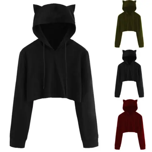 UK Women Cat Ear Hoodie Jumper Pullovers Cropped shirt Short Blouse Top | Женская одежда