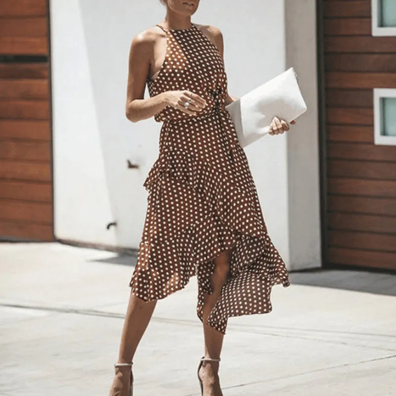 

Women Dress Sleeveless Dotted Printed Irregular Hem Long NFE99