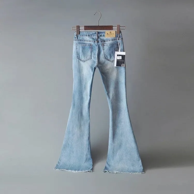Calças de Brim para Mulheres 2020 do Vintage de Cintura Baixa Incendiar Elásticas Estilo Retro Fundo Sino Magro Calça Jeans Feminina Azul Escuro Denim Perna Larga Calças 27 High Quality Moda Feminina