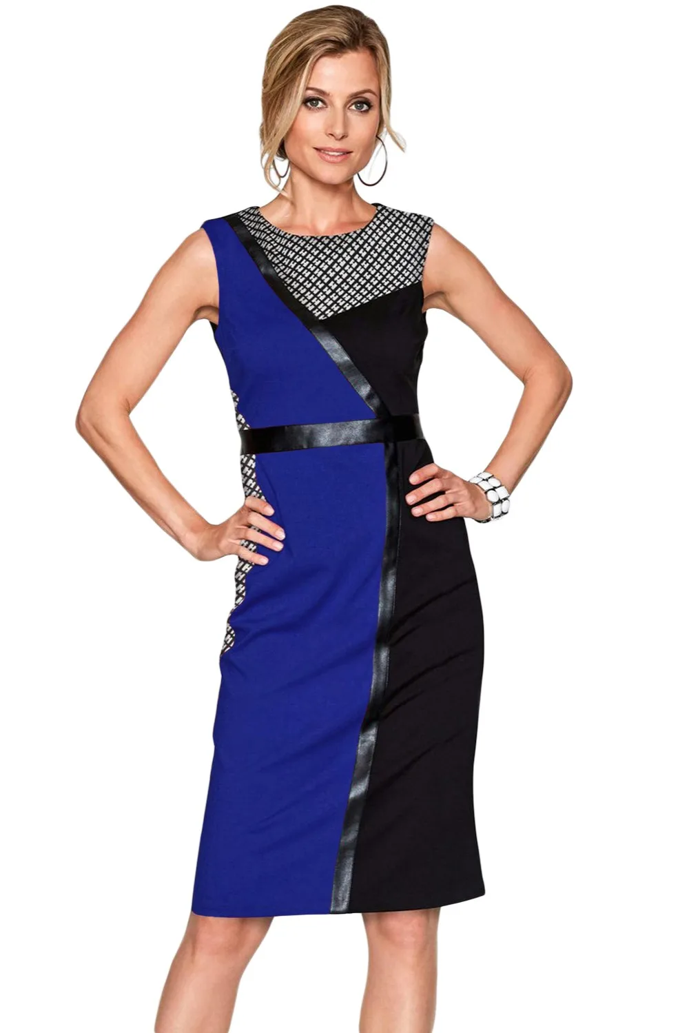 Blue-Black-Asymmetric-Patchwork-Leather-Trim-Sheath-Dress-LC220550-5-1