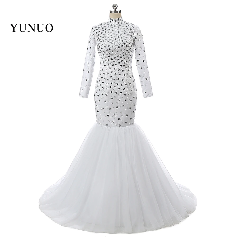 

Custom Made New High Neck Kaftan Dress Dubai White Evening Dress 2019 Mermaid Arabic Style Long Sleeves with Crysrtals x3111