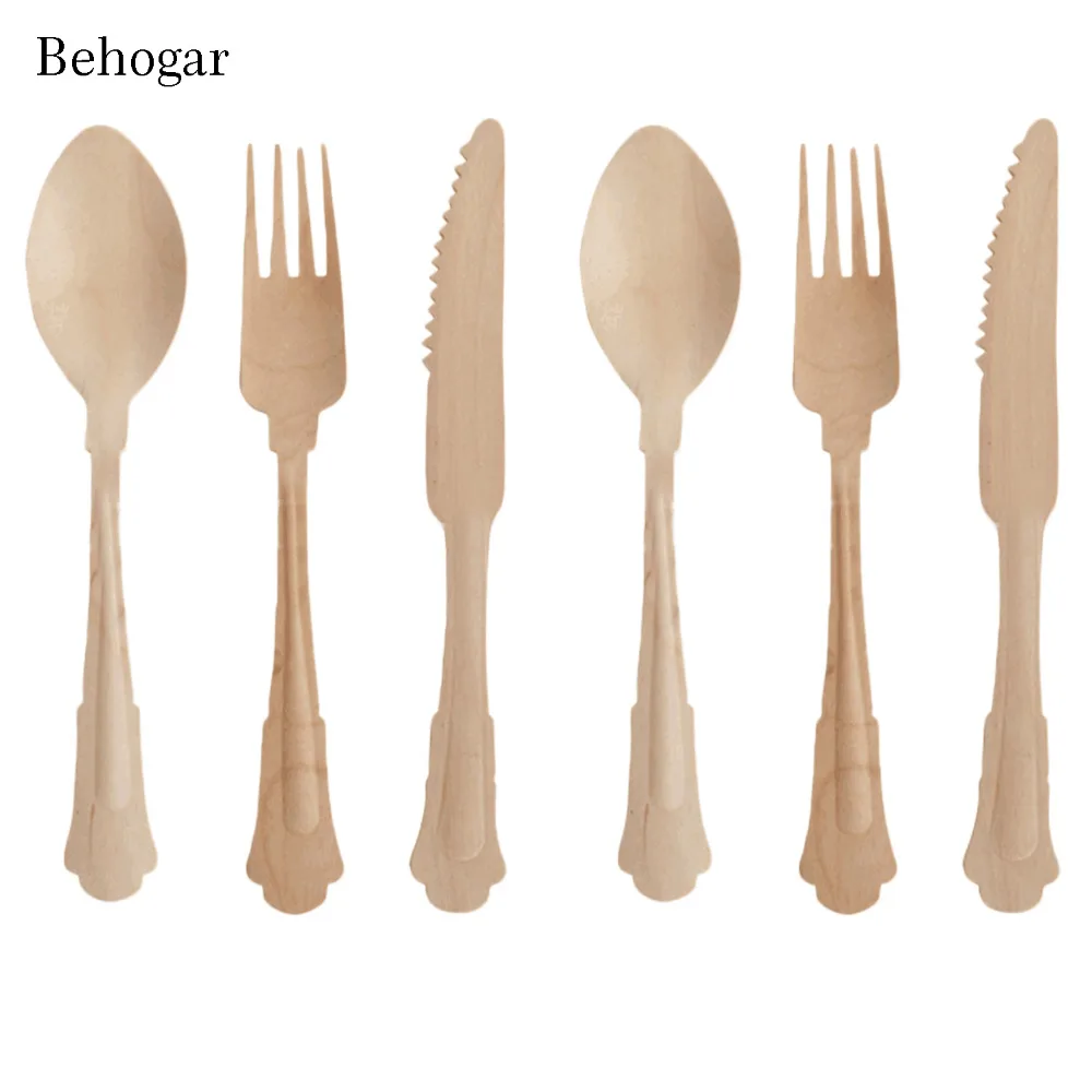 

Behogar 24 PCS Eco-Friendly Disposable Wooden Cutlery Set 8 Forks 8 Spoons 8 Knives for Birthday Party Weddings Dinner Event