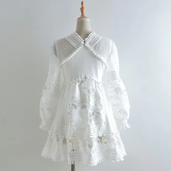 

2019 Fashion Summer New White Embroidery Hollow V-neck Dress Puff Sleeve Holiday Dress Elegant Women Dress