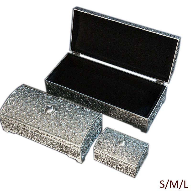 

European Accents Vintage Rectangle Shaped Embossed Antique Pewter Jewelry Storage Metal Trinket Box Small Middle Large