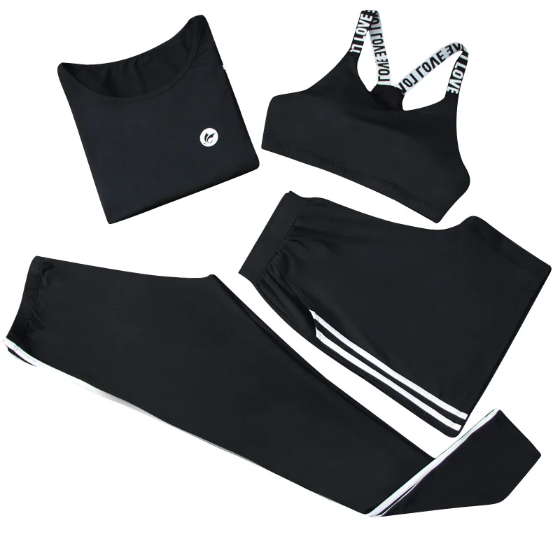 

VERZY women S-2XL 4 in 1 yoga set shirt+bra+shorts+pants black grey striped sports suit for lady gym outdoor clothes tracksuit