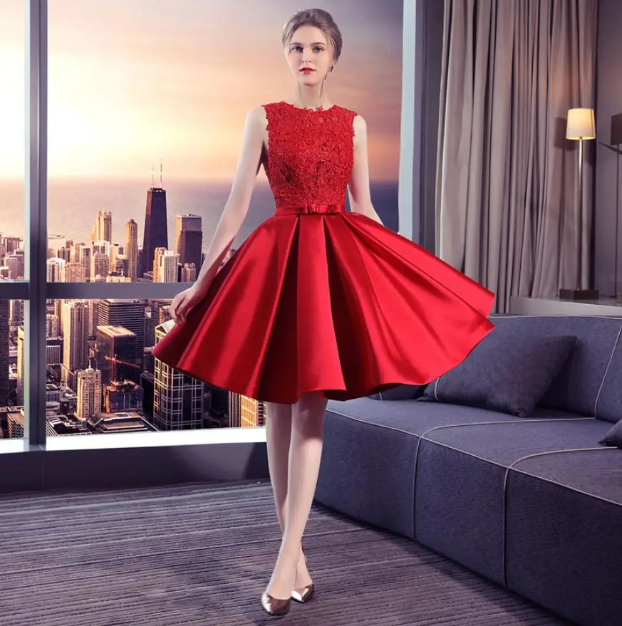 Vestido invitada corto2019 Новое Кружевное атласное платье с лямкой на шее, алиновое красное свадебное платье, недорогое свадебное платье, vestito damigella custom bruidsmeisjes jurk - Цвет: Красный