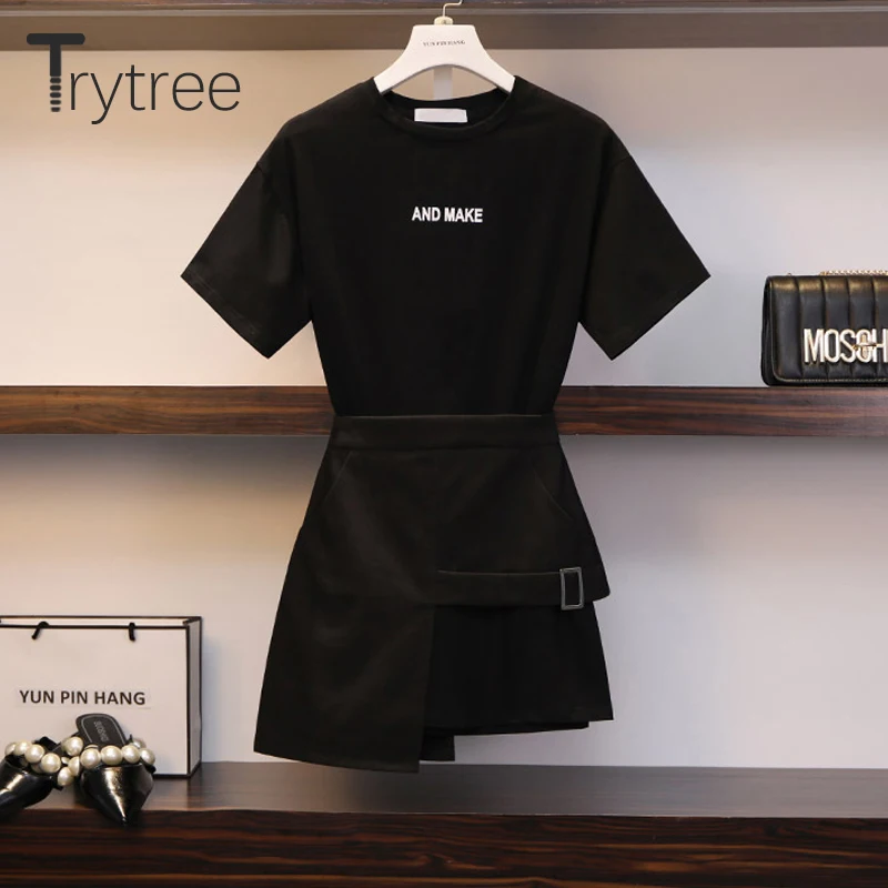 Trytree الربيع الصيف المرأة اثنين من قطعة مجموعة عارضة القطن إلكتروني طويلة أعلى + تنورة البسيطة جيوب سحابات البوليستر دعوى 2 قطعة مجموعة