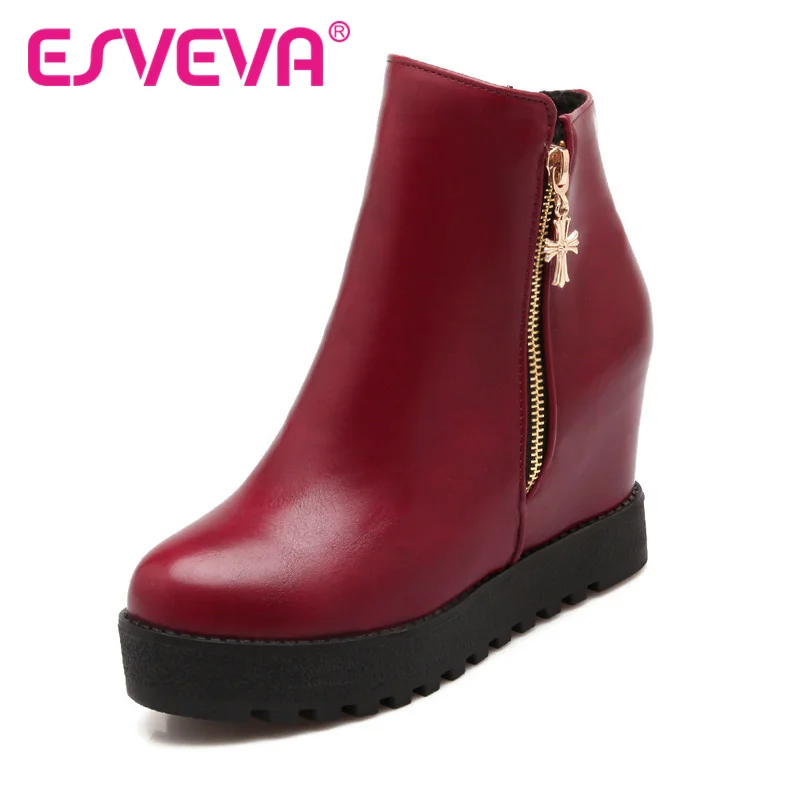 

ESVEVA Punk women Wedge High Heel platform round toe zipper Ankle Boots shoes