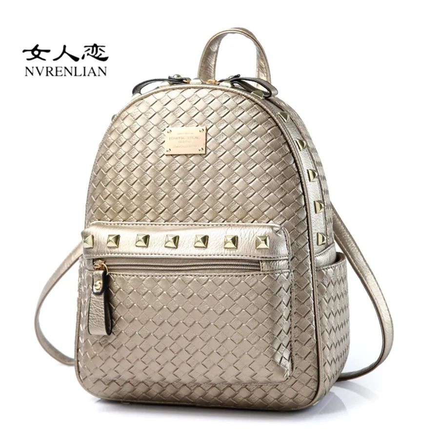 Rivets Women Backpack Fashion Casual Leather Knitting Backpacks for Teenage Girls School Travel Bag Female Shoulder