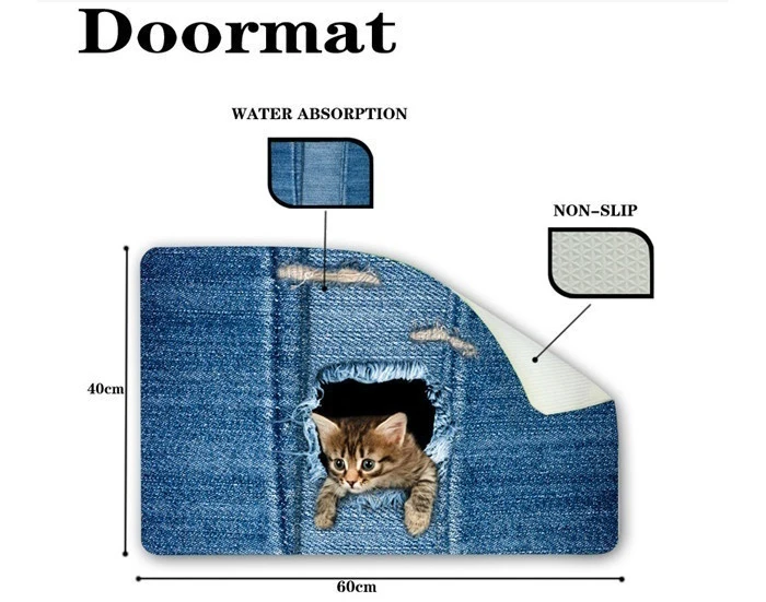 Милый коврик для пола с котом, моющийся джинсовый коврик для кошки, коврики для ванной, коврик для ног, домашний декор, Нескользящие Коврики для кухни, ванной, гостиной