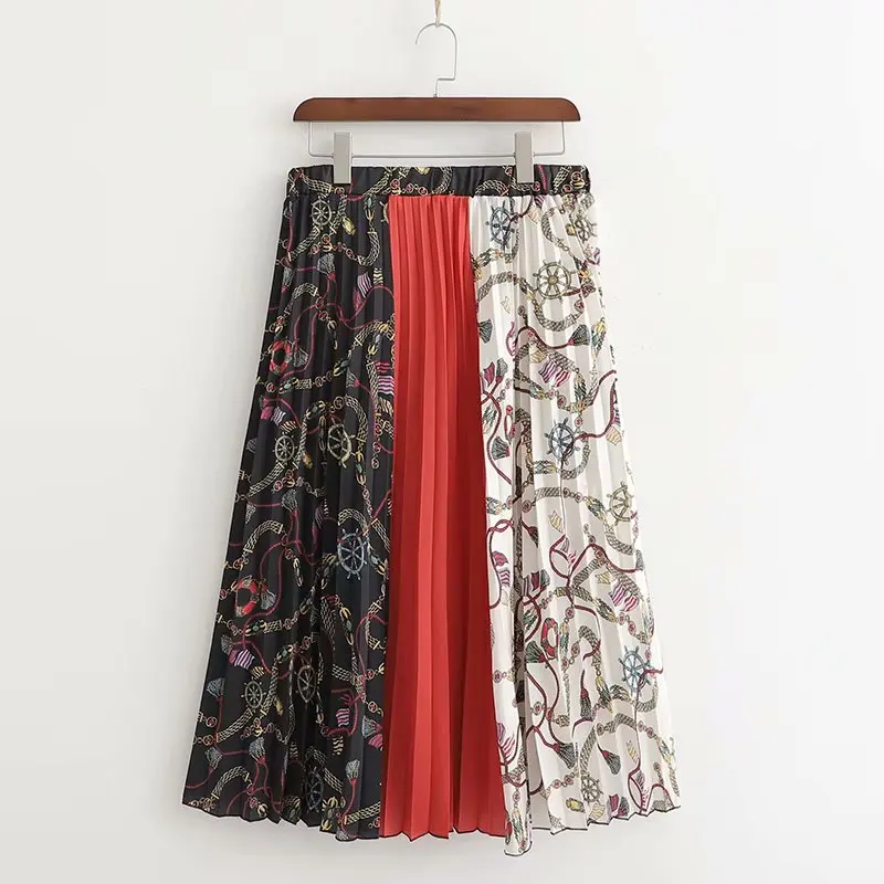 

2019 women england style color match patchwork chain print pleated skirt faldas mujer ladies elastic waist casual skirts QUN293