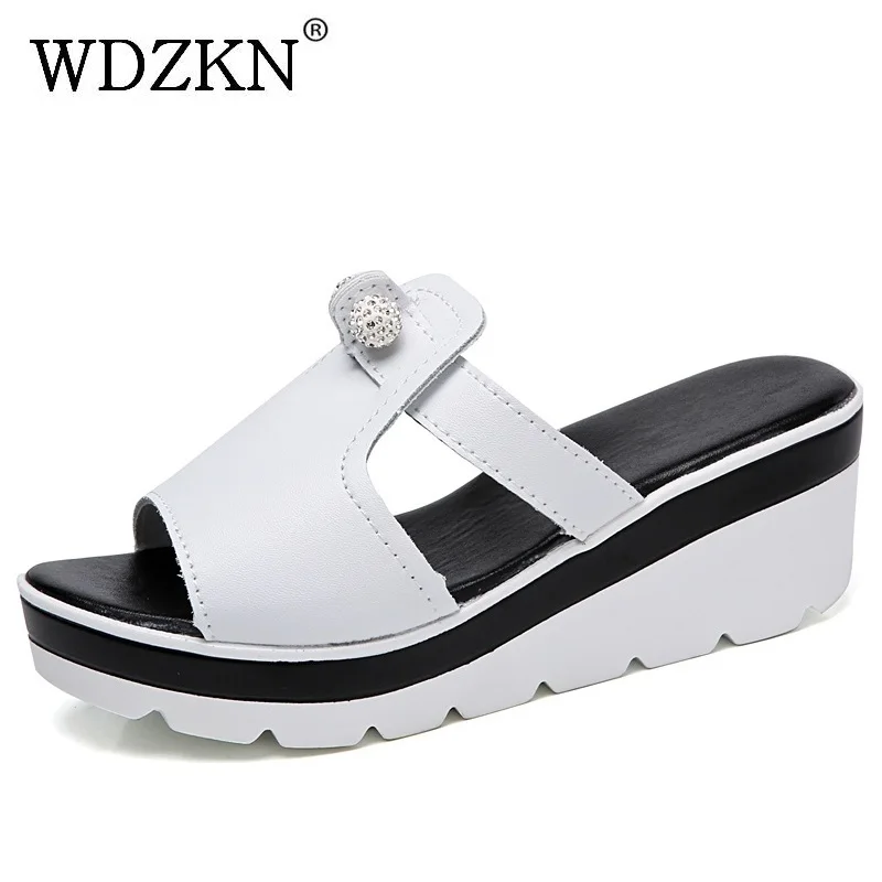 

WDZKN 2018 Wedge Slippers Women Summer Shoes Outside Slides Flat Platform Slippers Black White Peep Toe High Heels Female Shoes