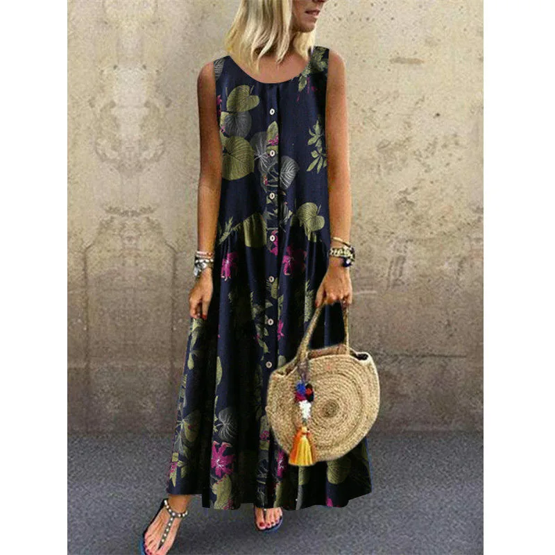 

Plus Size Women's Sleeveless Button Down Maxi Dresses Summer Vintage Plant Flower Print Loose Bohemian Long Dress 2019 New