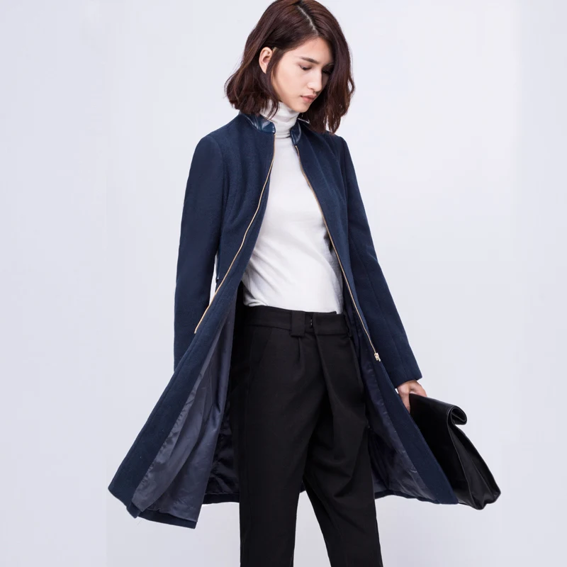 Amii Повседневное минималистский Для женщин шерстяные пальто зима, Пояса на молнии женский шерсть - Цвет: Тёмно-синий