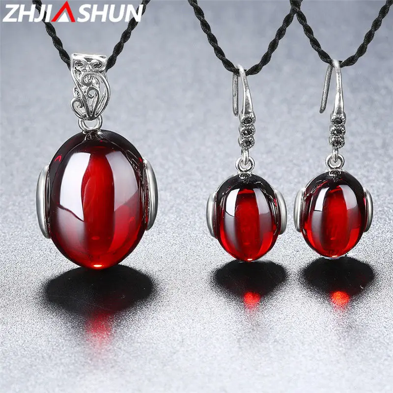 

ZHJIASHUN 925 Sterling Silver Agate Necklaces Earrings Set Red Stone Pendants Jewelry for Women Party Anniversary Gift