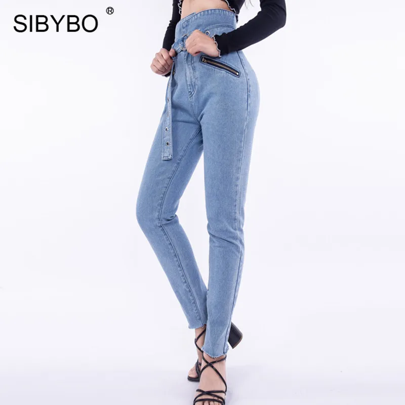 Sibybo пояс Высокая талия хлопок джинсовые брюки для женщин Мода молнии карманы осенние брюки-карандаш женские повседневные брюки зима