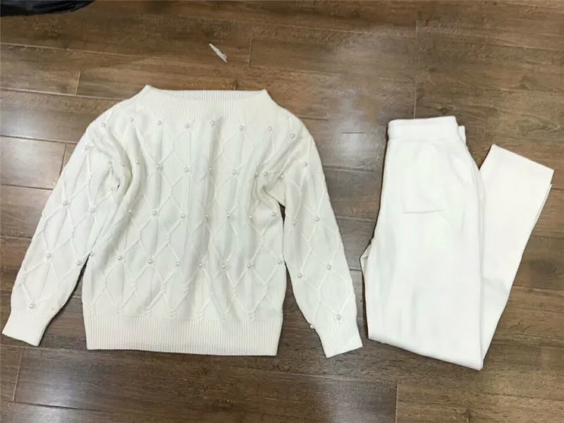 Mot blanc Laine 2018 Épaule Automne pièce beige Chandail 2 D'hiver Femmes Pantalon Et Main pourpre Tricot Suit perlé Vison piece Deux Blue Survêtements Sky rose vp1Pwqxw