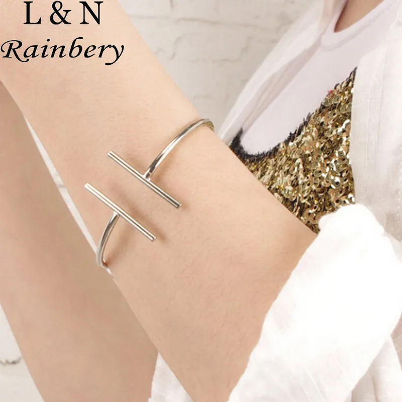 Rainbery High Quality Gold Silver Plated Metal Letter T Shaped Opening Cuff Bangle Bracelet for Women