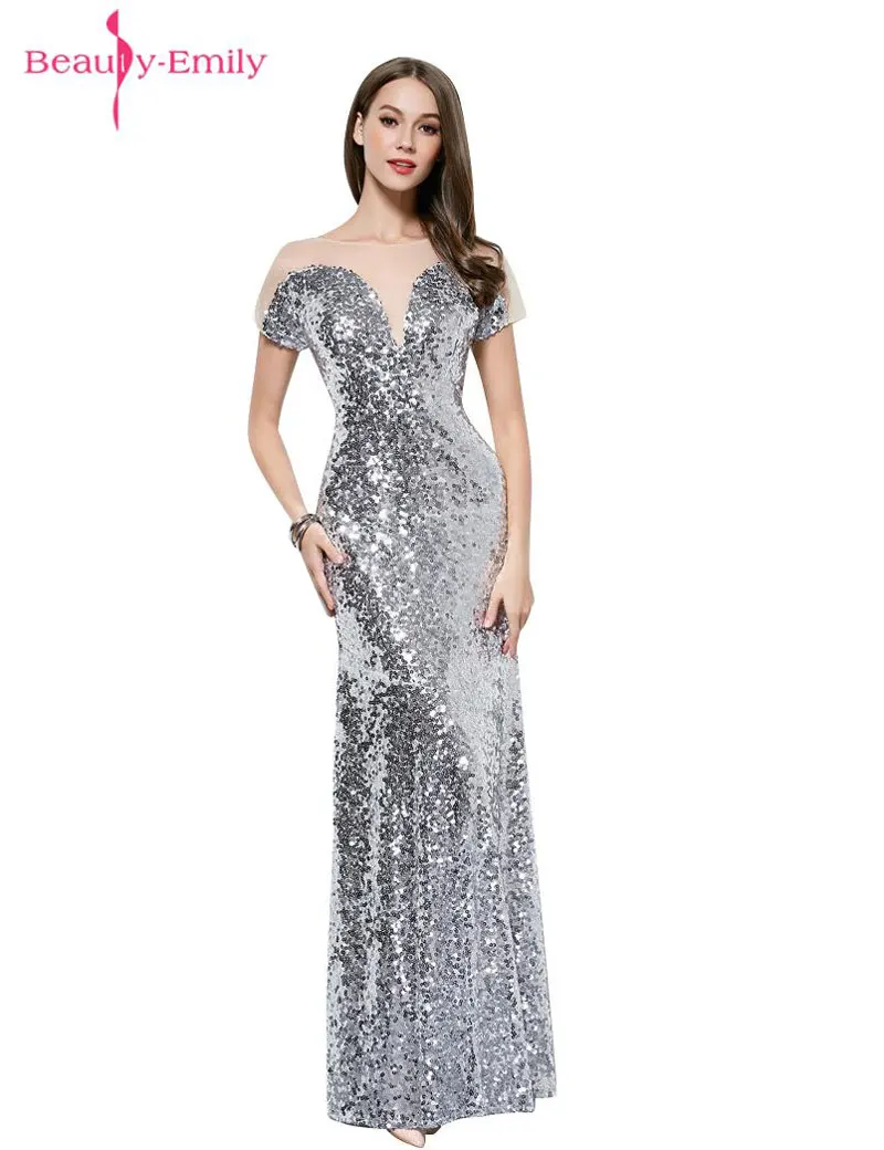 Short sleeve v neck sequin long dress