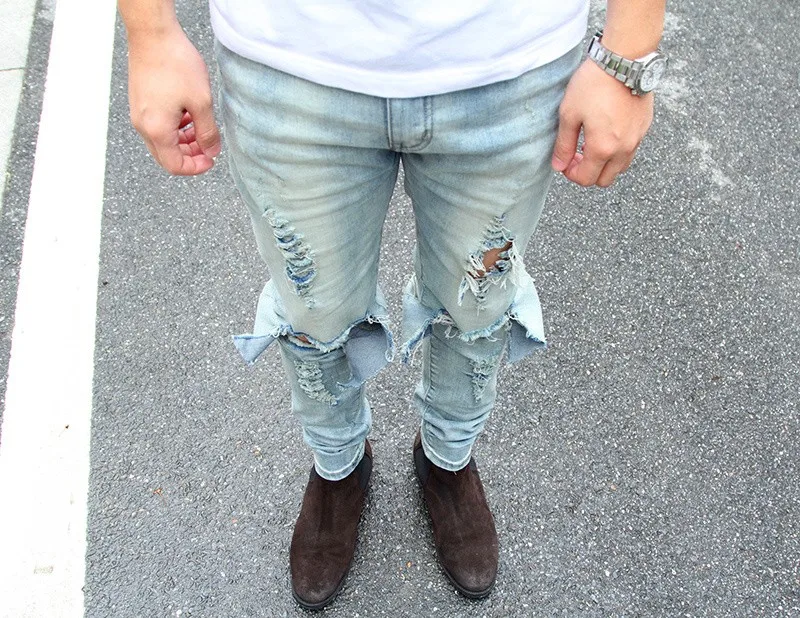 Новая модная высокая улица мужчины прилив джинсы с отверстием повседневные штаны Тонкий Прохладный Колготки бодибилдинг одежда