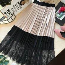Модное кружевное цветной Плетеный длинная юбка Для женщин Повседневное Высокая Талия, платье со складками, Черный, серый цвет зимние Обёрточная бумага юбка миди